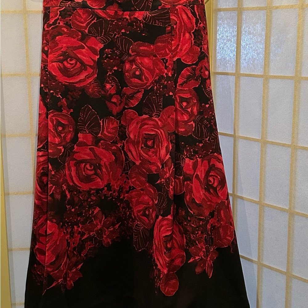 Talbots Black Red Rose Floral Pleated Midi Skirt NWOT